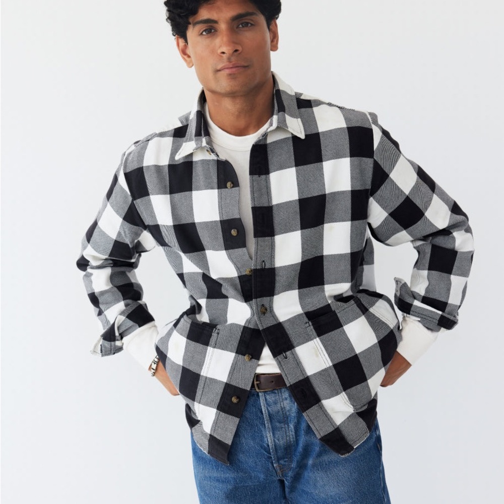 AYR Dive Buffalo Plaid Shirt Jacket Black White Mens M Heavy Cotton Flannel Top